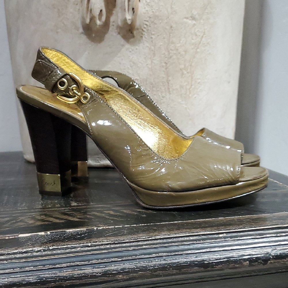 Coach Elegant Slingback Heels Dressy Career Open Toe Classic Patent Glossy Shiny